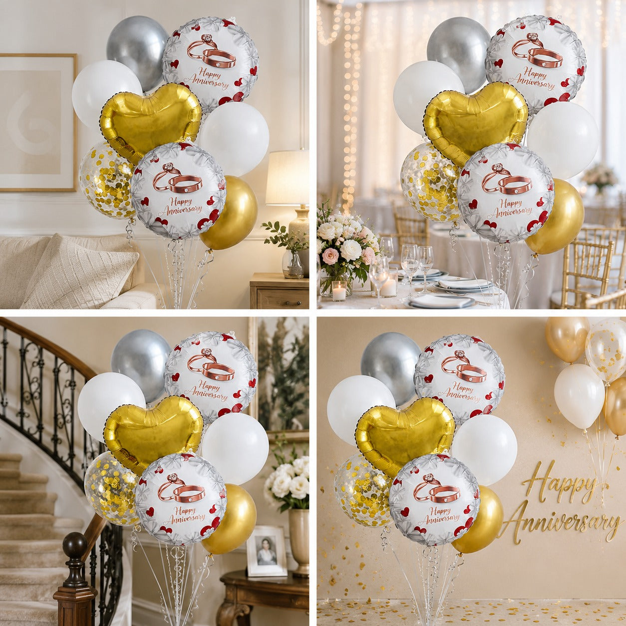 Happy Anniversary Balloon Decoration Set – 8 Pcs Gold, White & Silver Balloons
