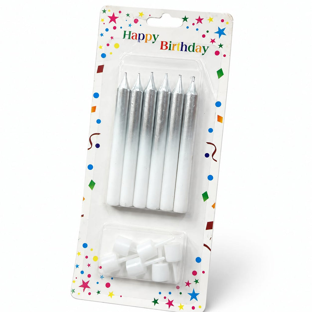 Silver Metallic Birthday Cake Candles with Holders – 6 Pcs