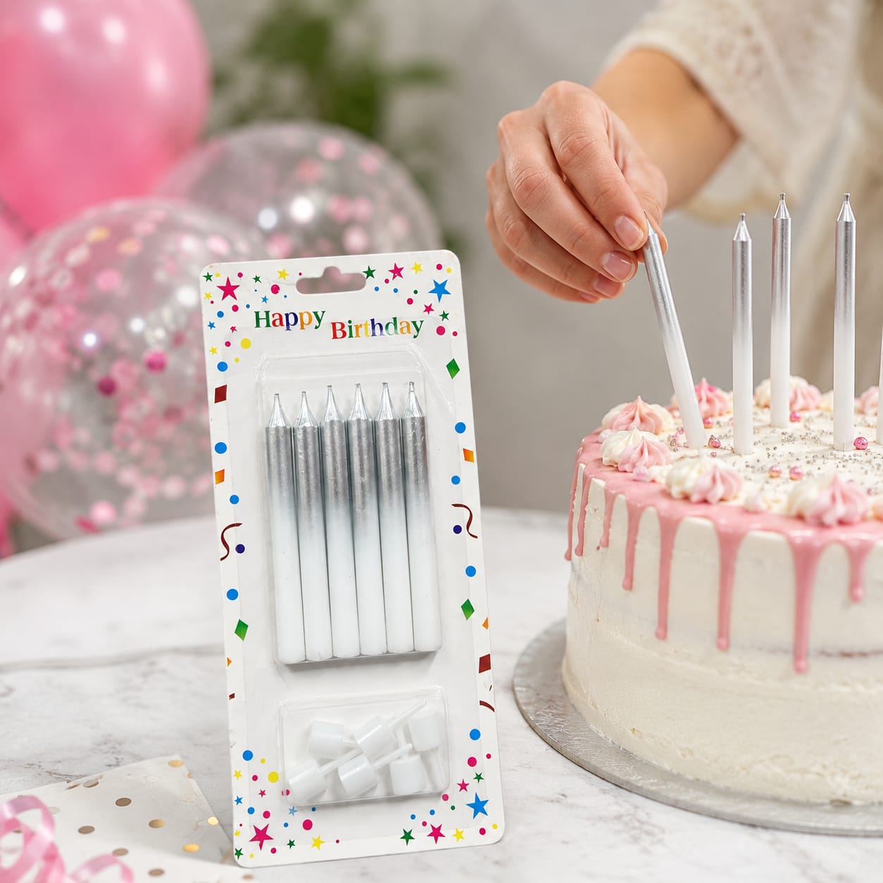 Silver Metallic Birthday Cake Candles with Holders – 6 Pcs