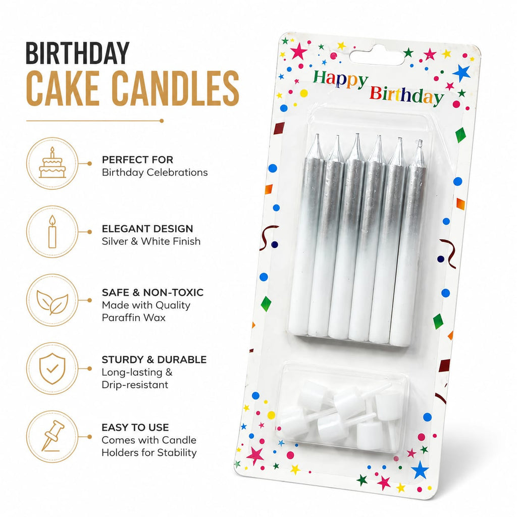 Silver Metallic Birthday Cake Candles with Holders – 6 Pcs