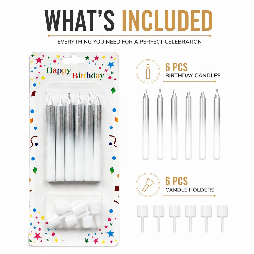 Silver Metallic Birthday Cake Candles with Holders – 6 Pcs