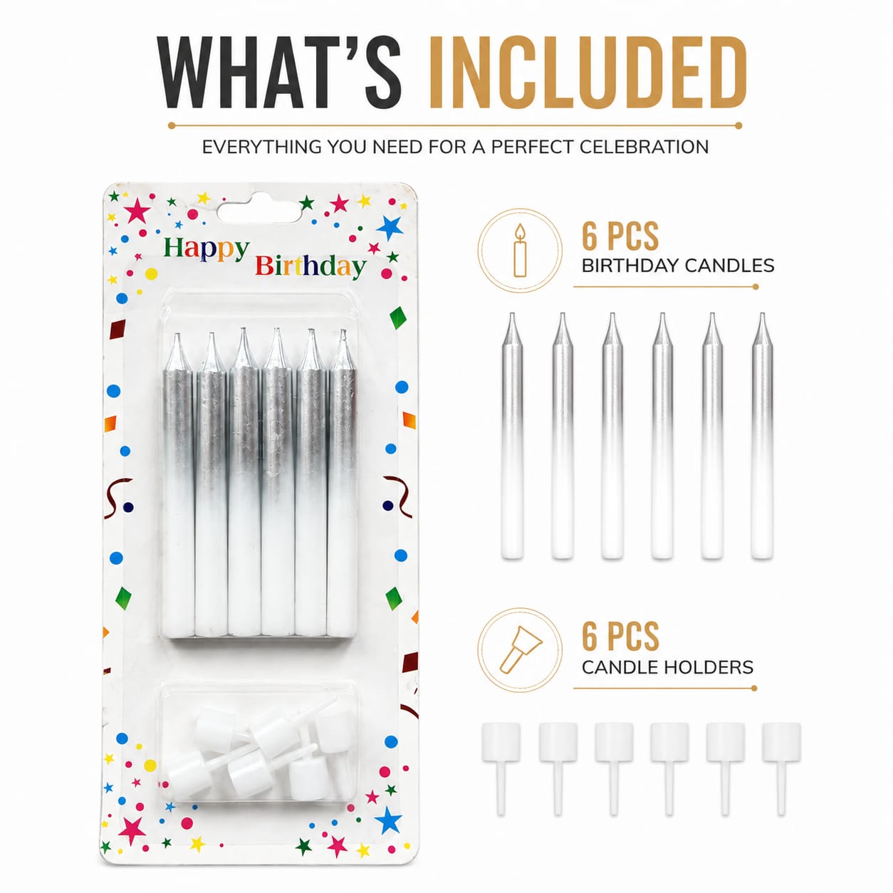 Silver Metallic Birthday Cake Candles with Holders – 6 Pcs