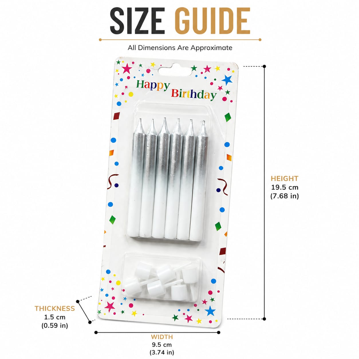Silver Metallic Birthday Cake Candles with Holders – 6 Pcs