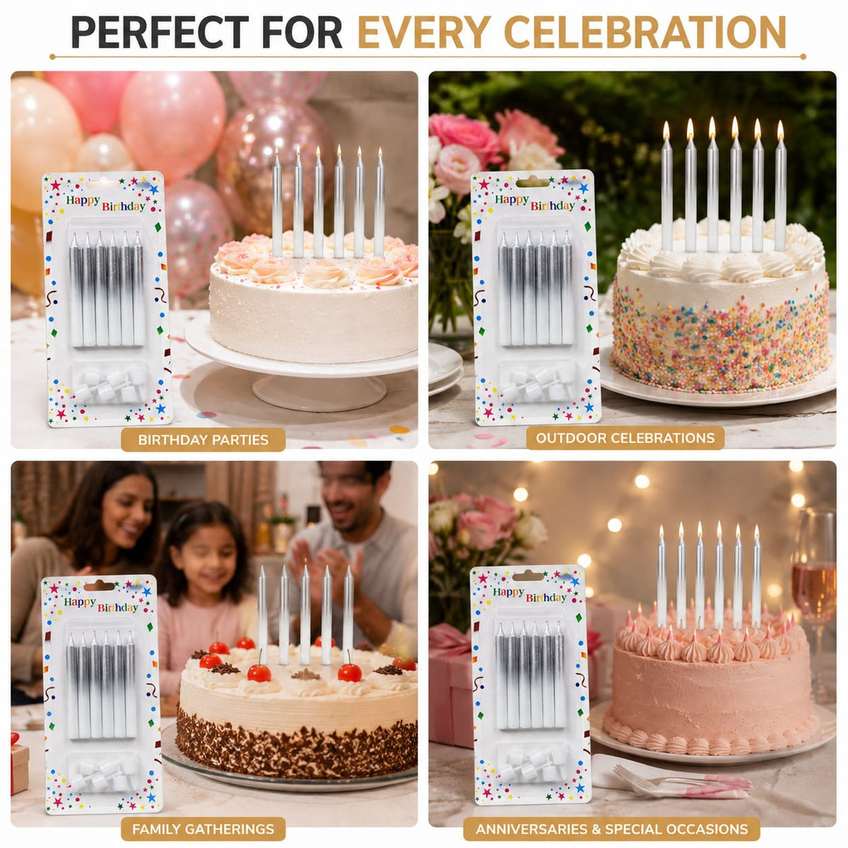 Silver Metallic Birthday Cake Candles with Holders – 6 Pcs