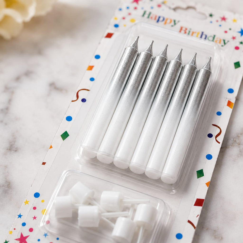 Silver Metallic Birthday Cake Candles with Holders – 6 Pcs