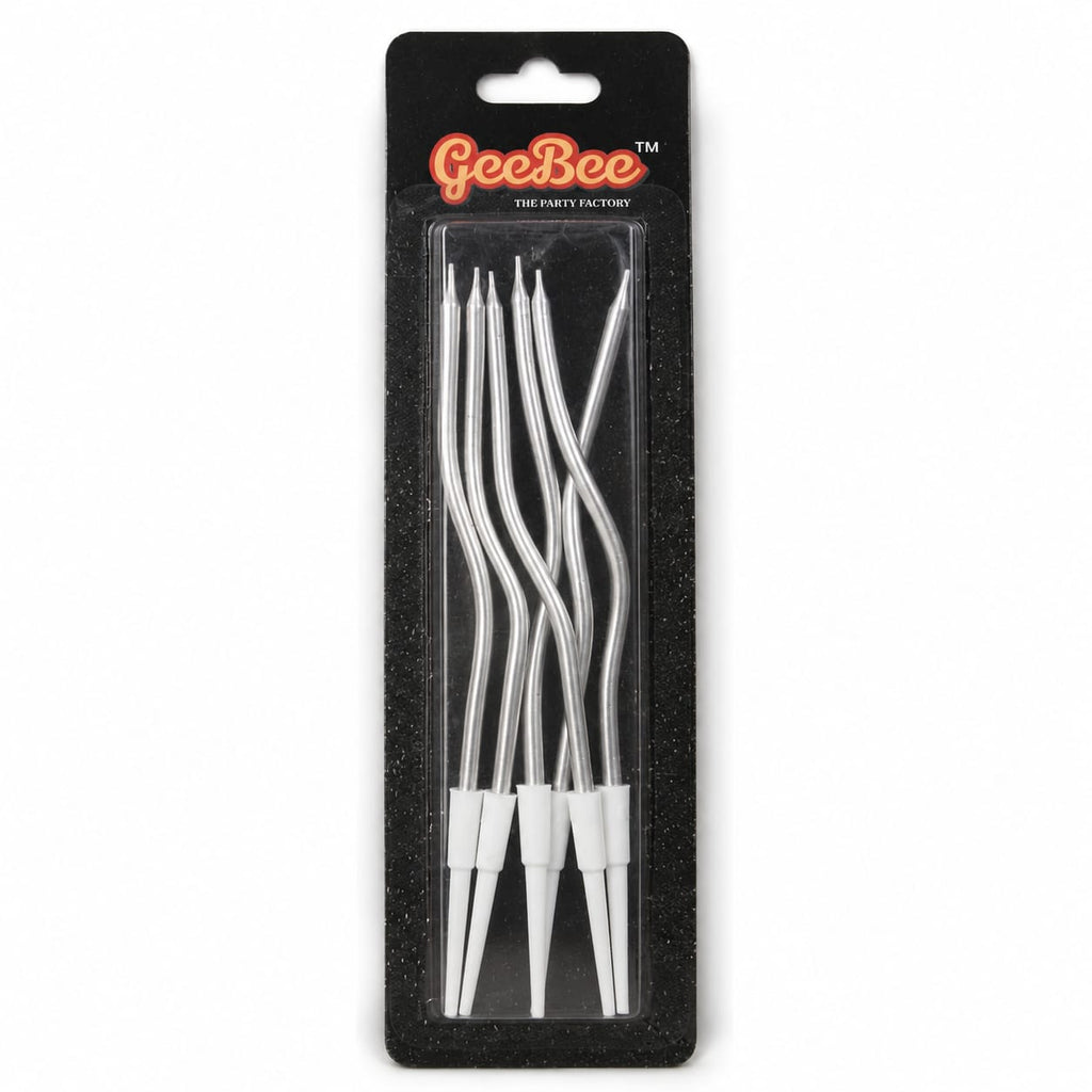 GeeBee Silver Metallic Wavy Birthday Cake Candles with Holders – 5 Pcs