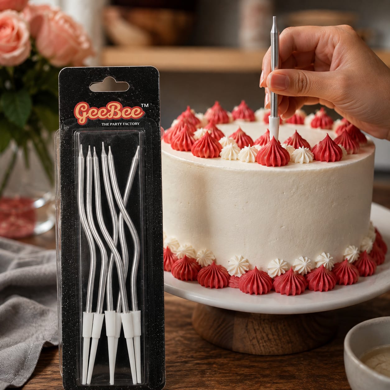 GeeBee Silver Metallic Wavy Birthday Cake Candles with Holders – 5 Pcs