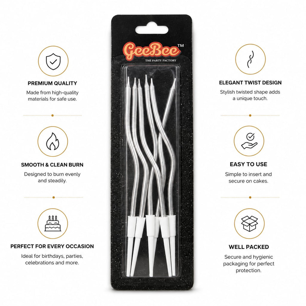 GeeBee Silver Metallic Wavy Birthday Cake Candles with Holders – 5 Pcs