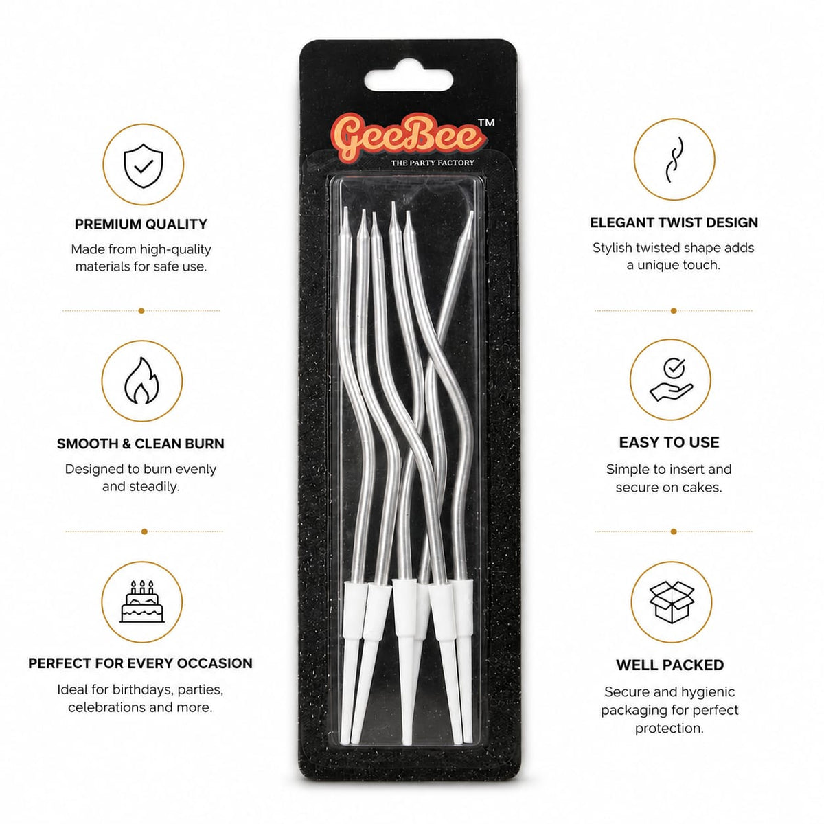 GeeBee Silver Metallic Wavy Birthday Cake Candles with Holders – 5 Pcs