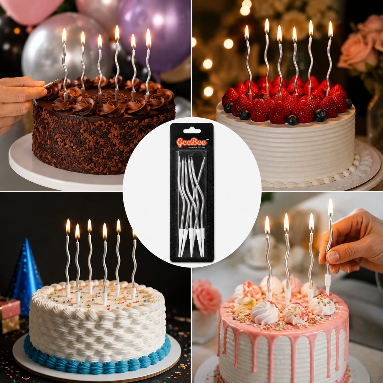 GeeBee Silver Metallic Wavy Birthday Cake Candles with Holders – 5 Pcs