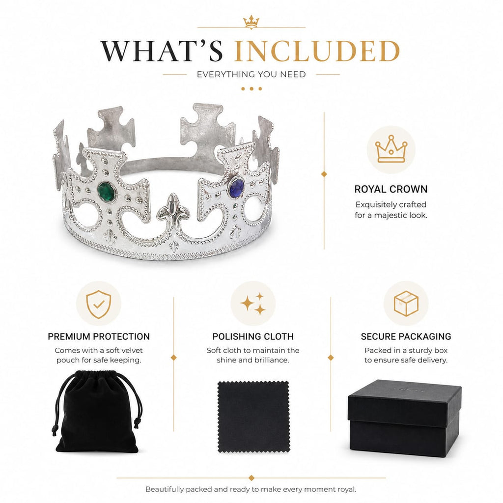 Silver Royal King Crown with Green & Blue Gems – Party & Fancy Dress Crown