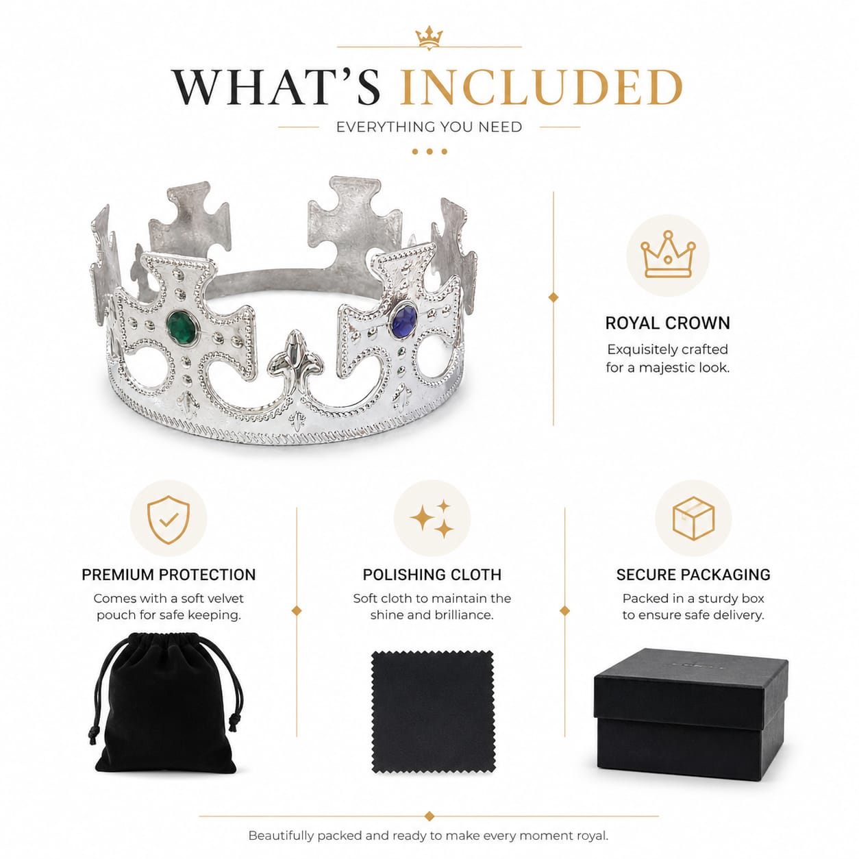 Silver Royal King Crown with Green & Blue Gems – Party & Fancy Dress Crown