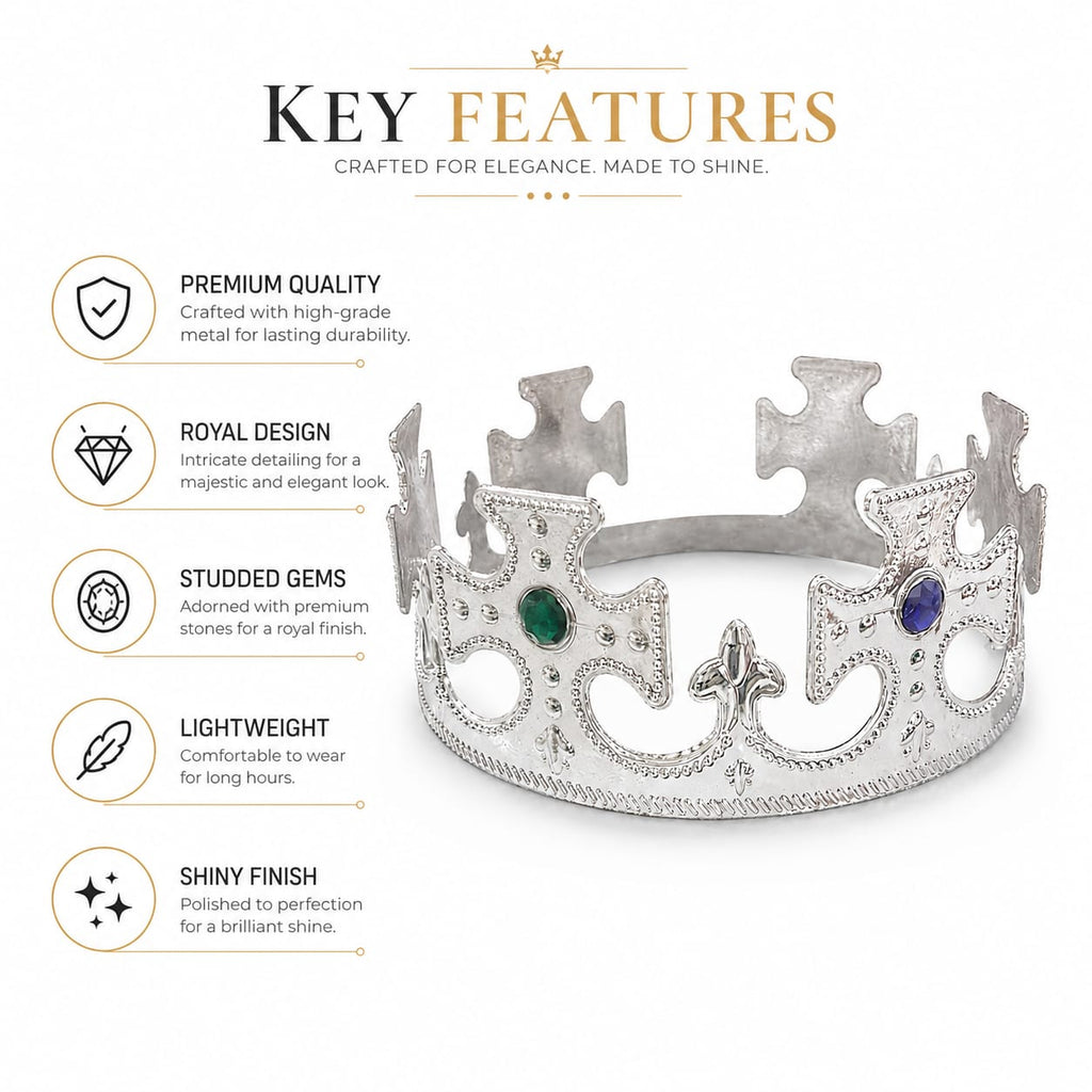 Silver Royal King Crown with Green & Blue Gems – Party & Fancy Dress Crown