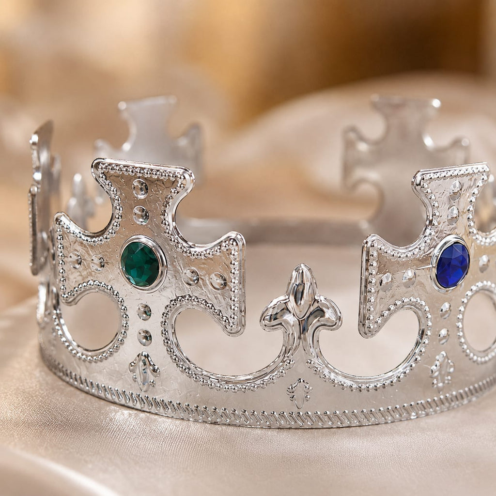 Silver Royal King Crown with Green & Blue Gems – Party & Fancy Dress Crown