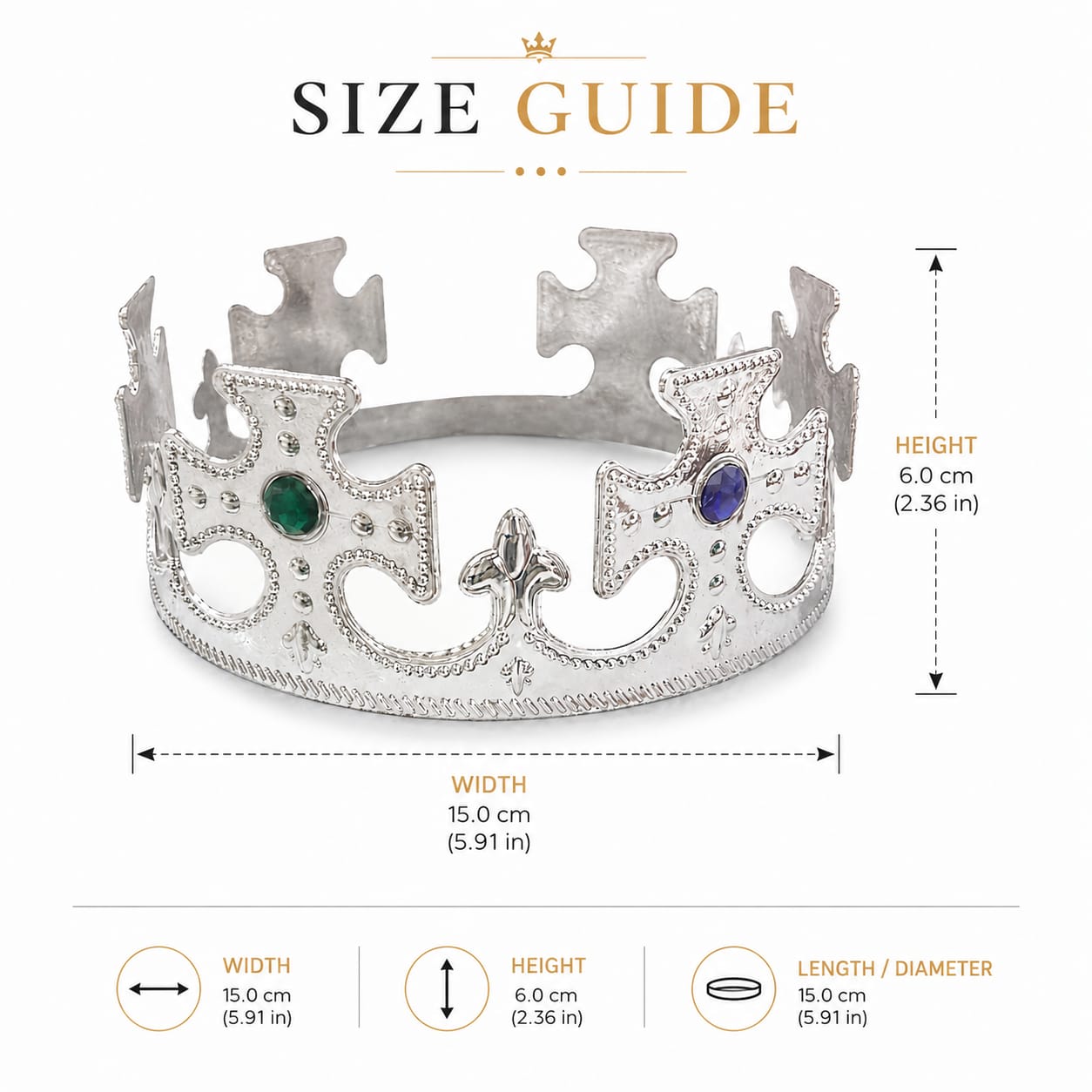 Silver Royal King Crown with Green & Blue Gems – Party & Fancy Dress Crown