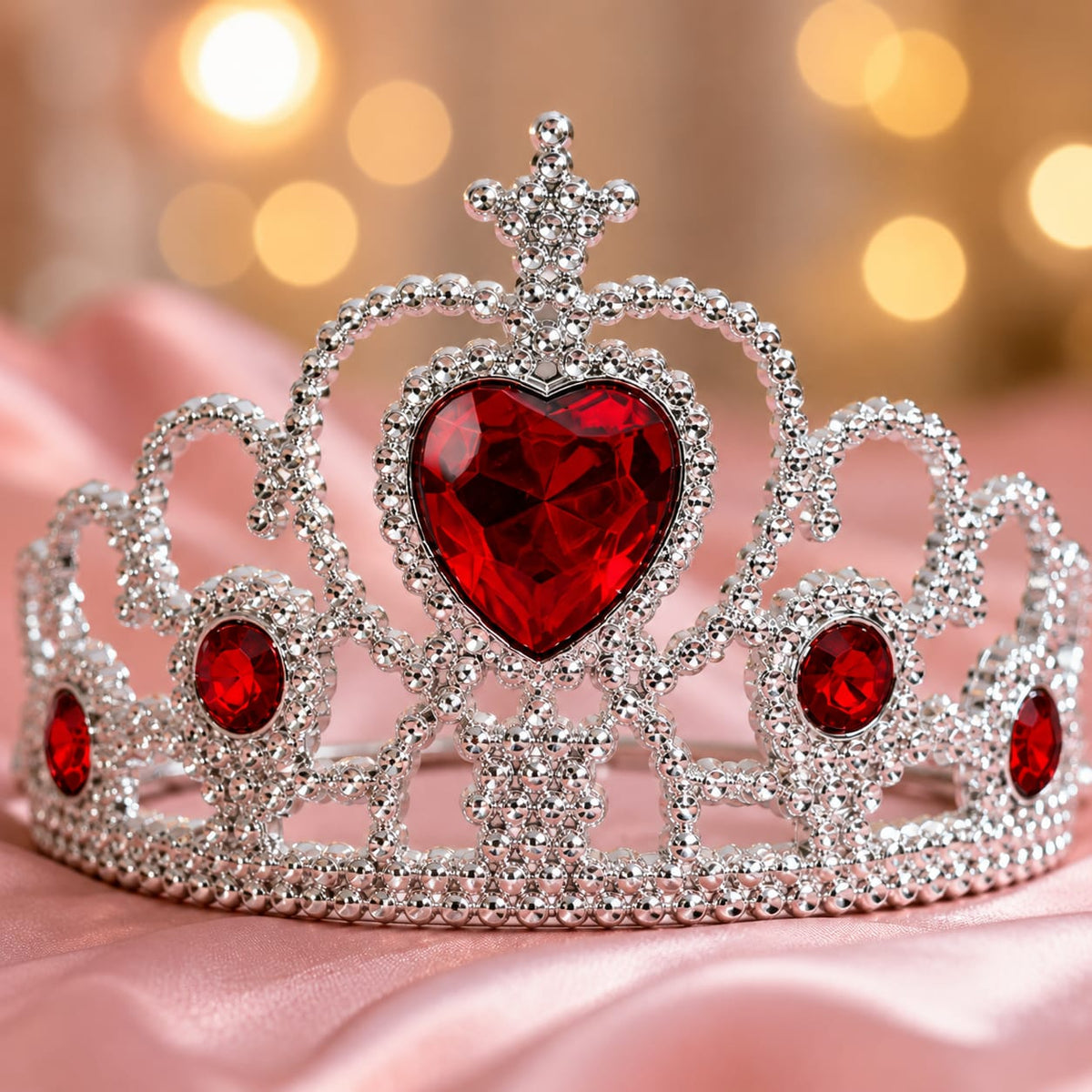 Silver Heart Rhinestone Princess Tiara Crown with Red Gems