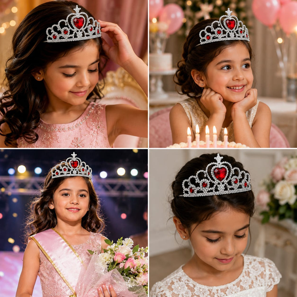 Silver Heart Rhinestone Princess Tiara Crown with Red Gems