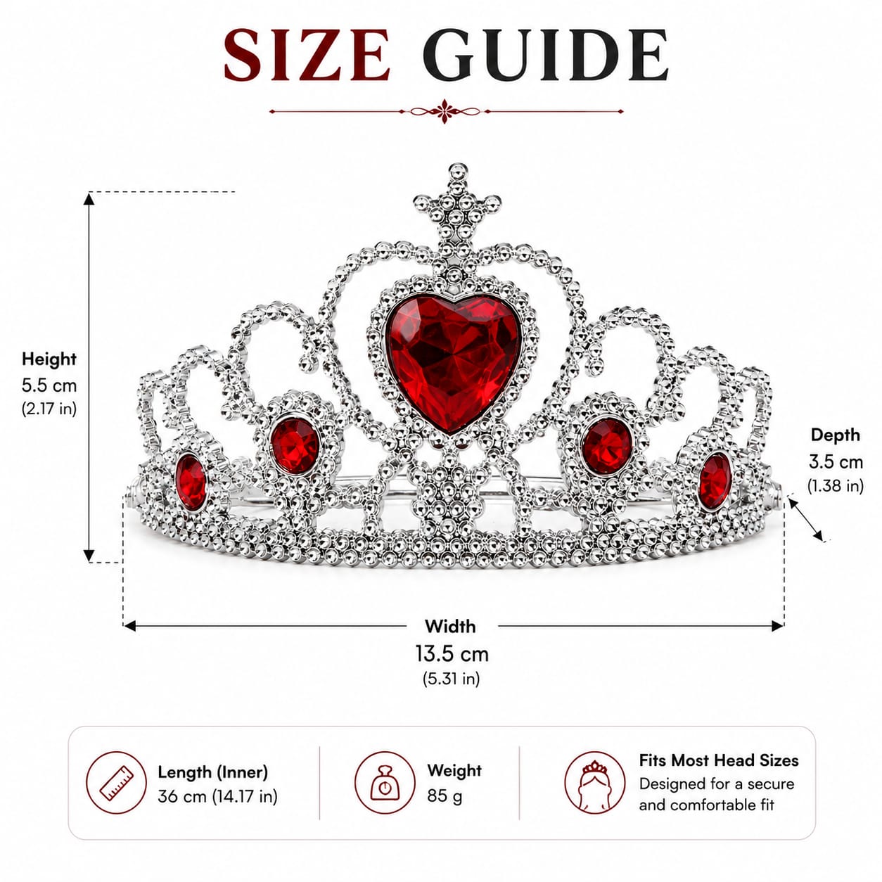 Silver Heart Rhinestone Princess Tiara Crown with Red Gems