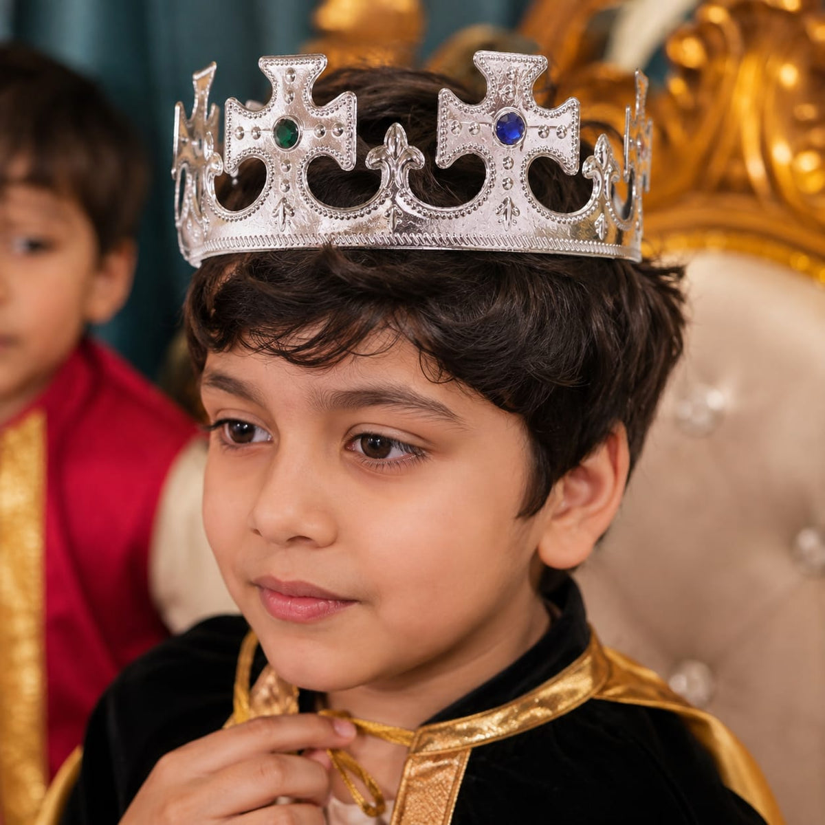 Silver Royal King Crown with Green & Blue Gems – Party & Fancy Dress Crown