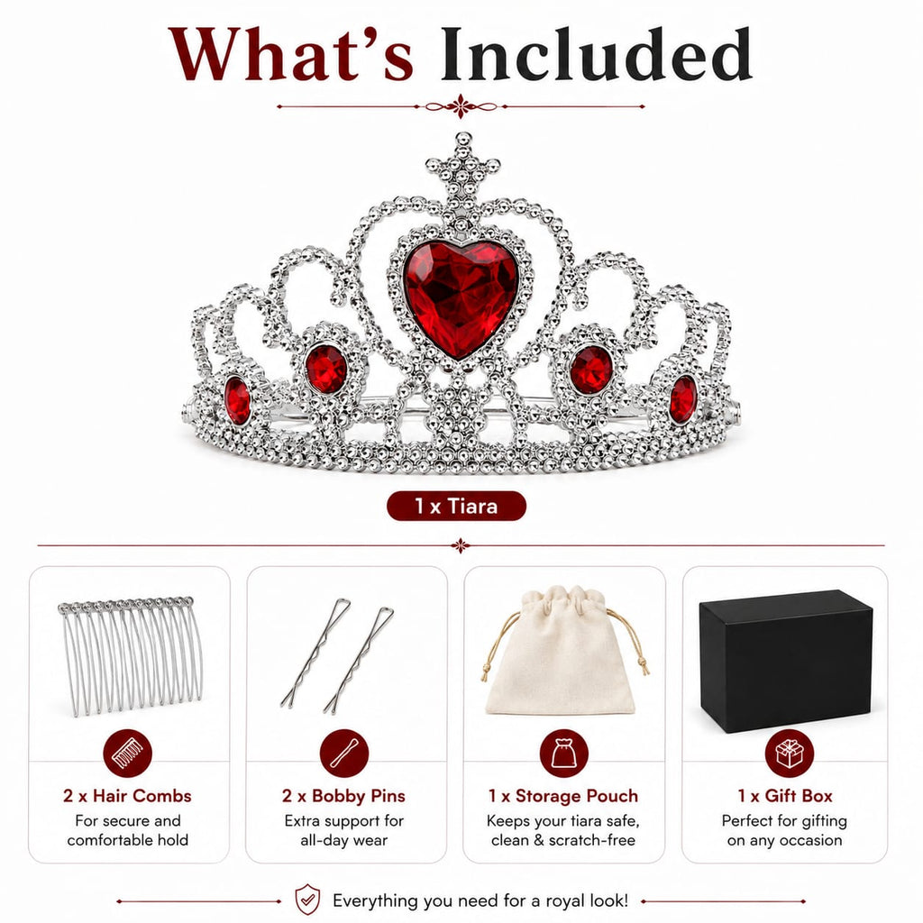 Silver Heart Rhinestone Princess Tiara Crown with Red Gems