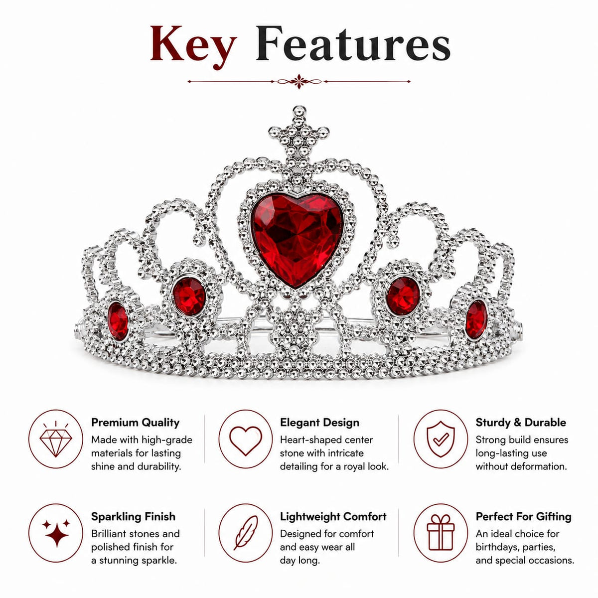 Silver Heart Rhinestone Princess Tiara Crown with Red Gems