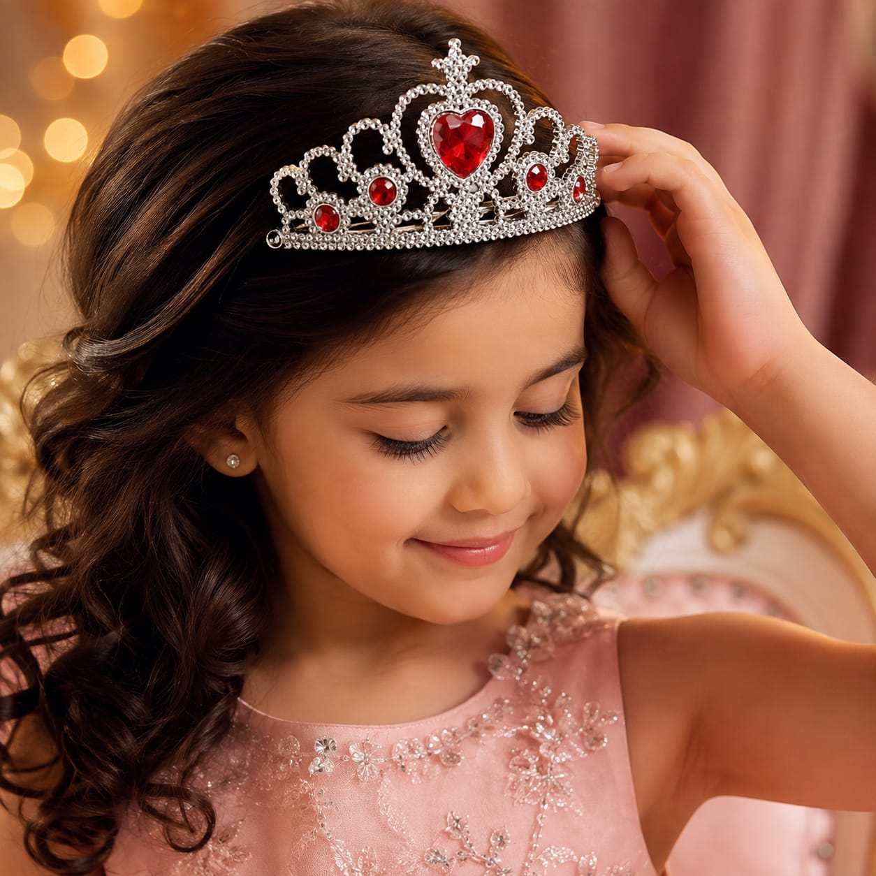 Silver Heart Rhinestone Princess Tiara Crown with Red Gems