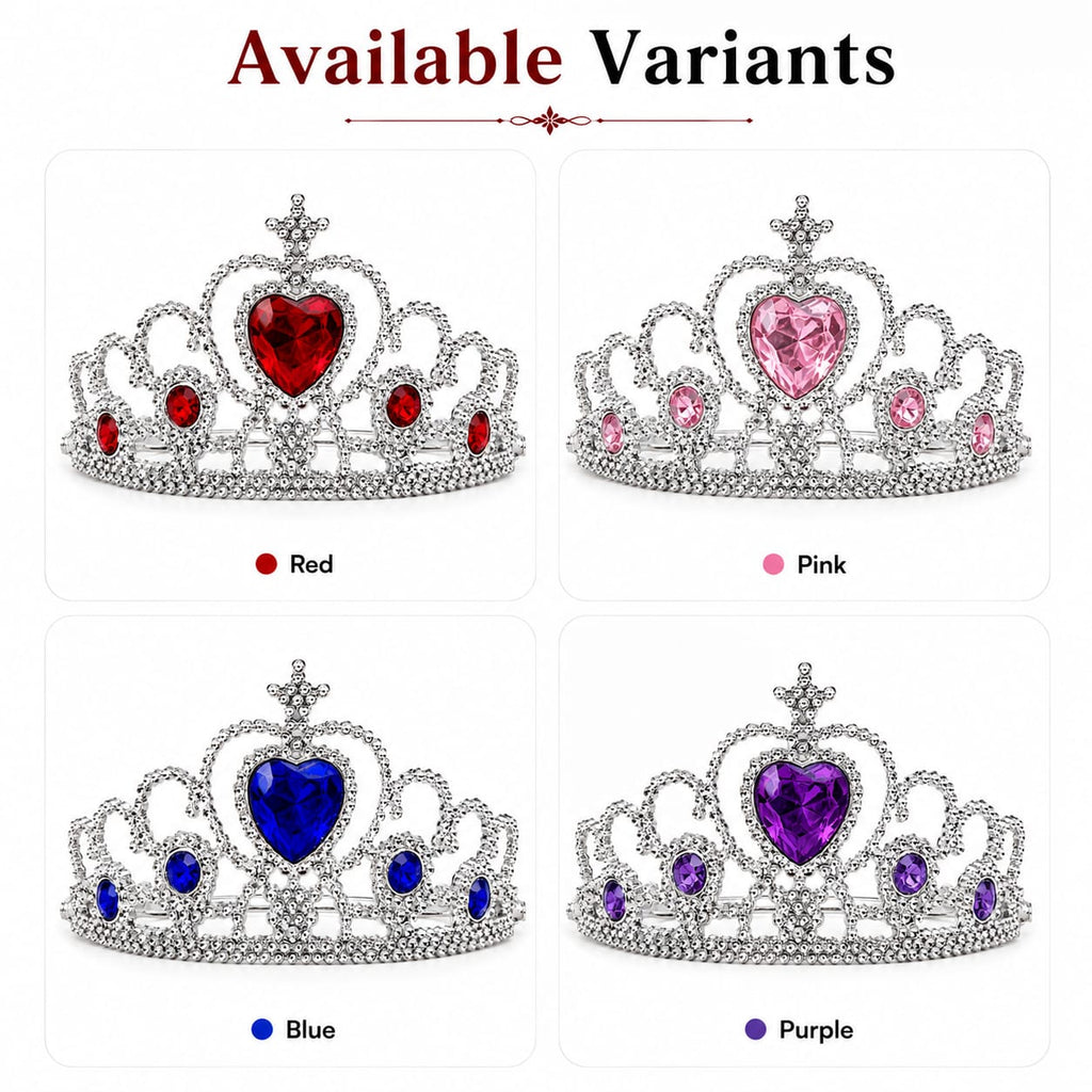 Silver Heart Rhinestone Princess Tiara Crown with Red Gems