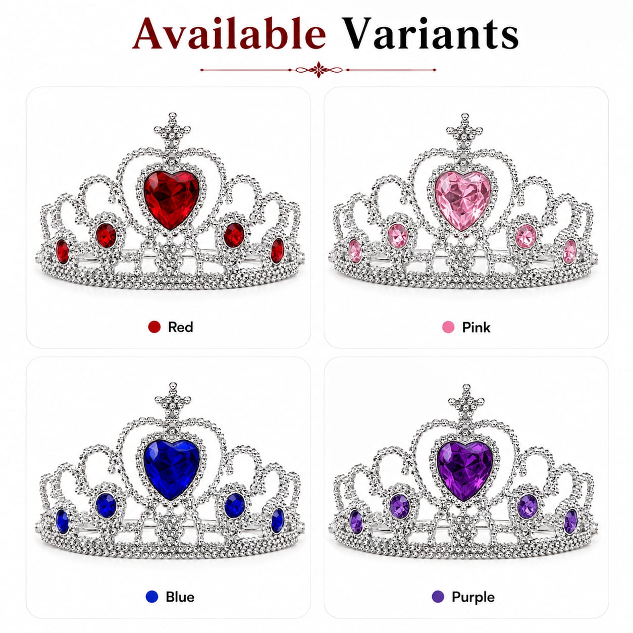 Silver Heart Rhinestone Princess Tiara Crown with Red Gems