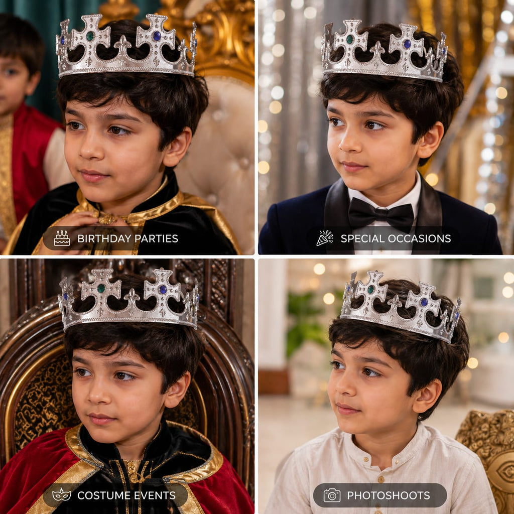 Silver Royal King Crown with Green & Blue Gems – Party & Fancy Dress Crown