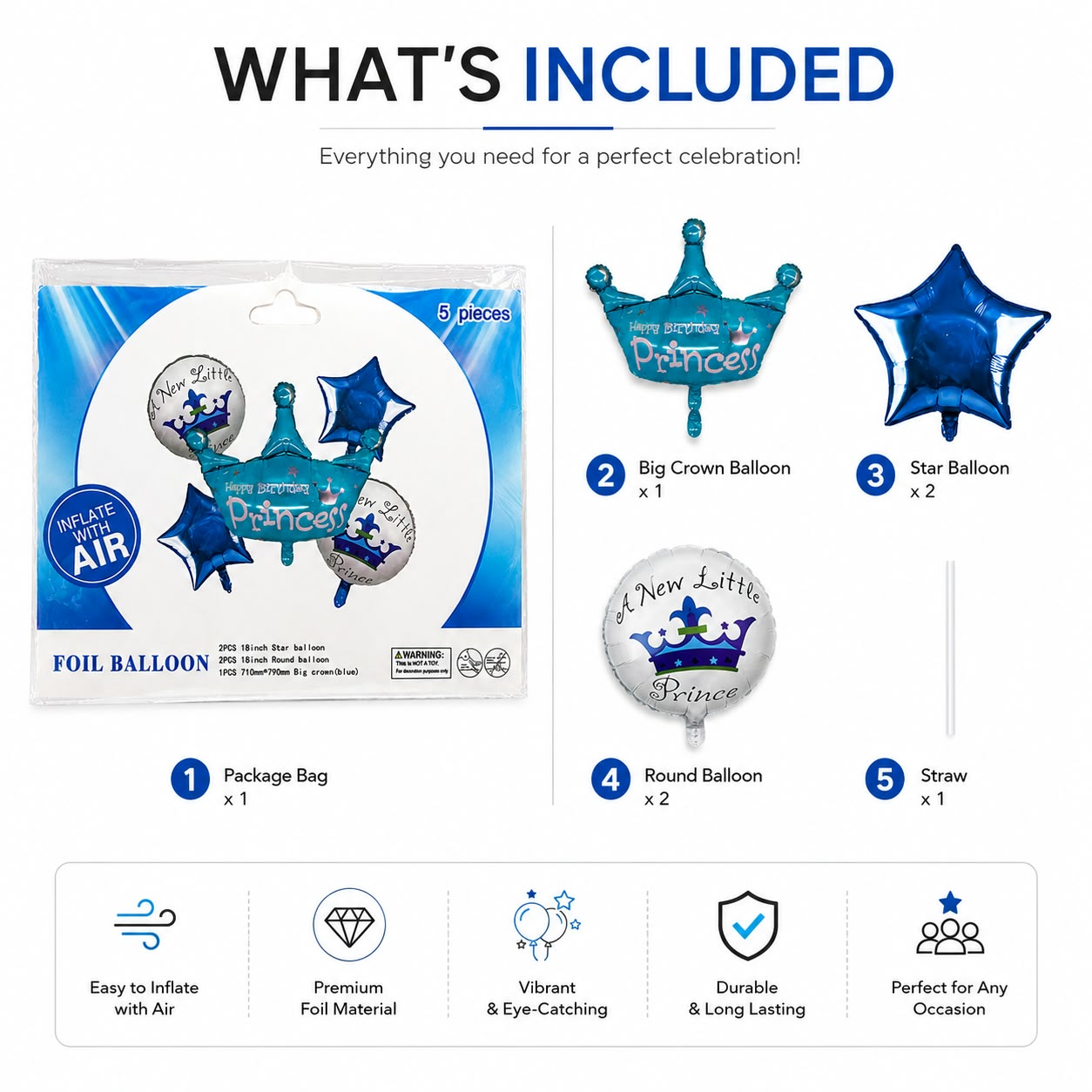 Princess Crown Foil Balloon – Happy Birthday Princess Blue Birthday Decoration