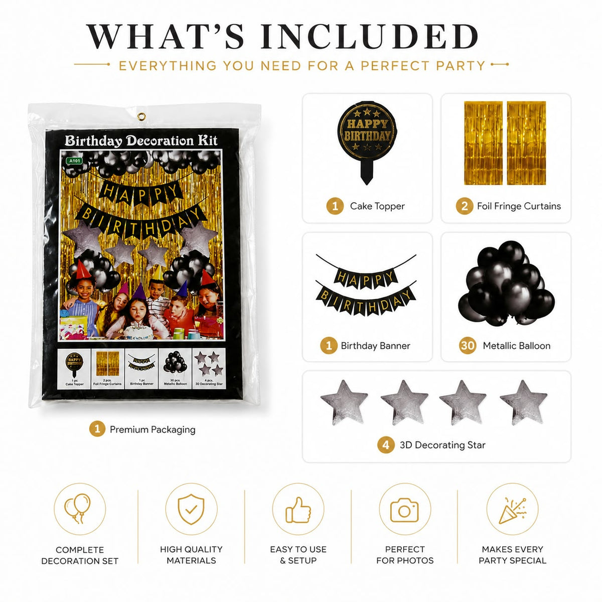 Black & Gold Birthday Decoration Kit – Balloon & Happy Birthday Decoration Set