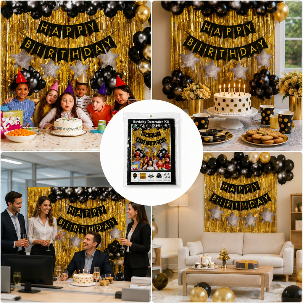 Black & Gold Birthday Decoration Kit – Balloon & Happy Birthday Decoration Set