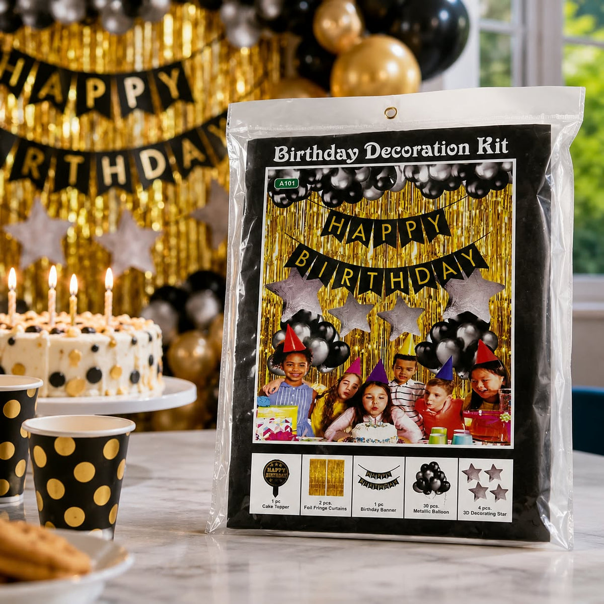 Black & Gold Birthday Decoration Kit – Balloon & Happy Birthday Decoration Set