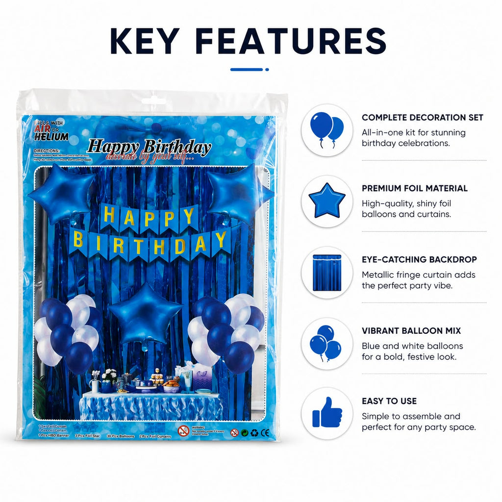 Blue & White Happy Birthday Decoration Combo Kit – Balloon & Backdrop Set  💰 Pricing
