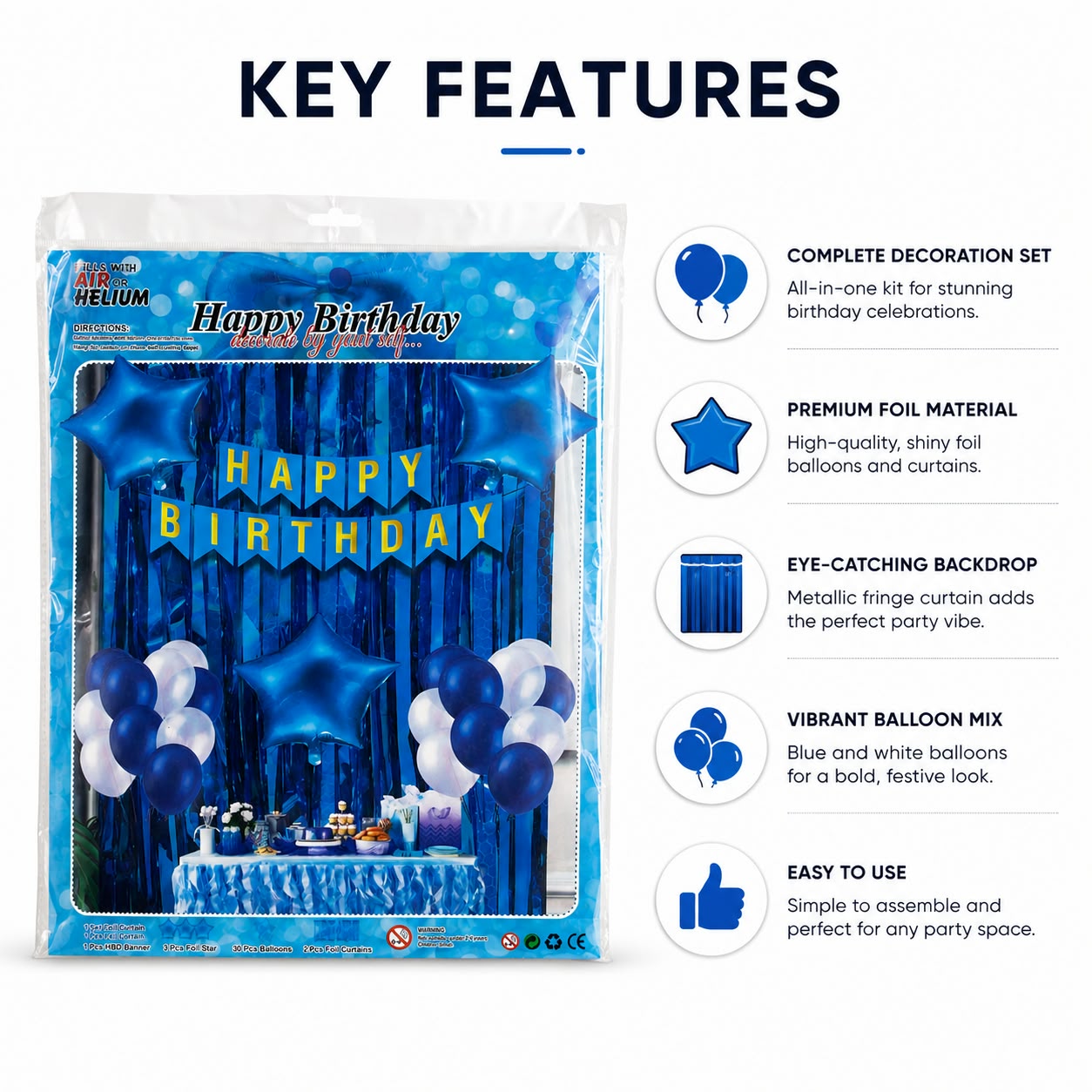 Blue & White Happy Birthday Decoration Combo Kit – Balloon & Backdrop Set  💰 Pricing