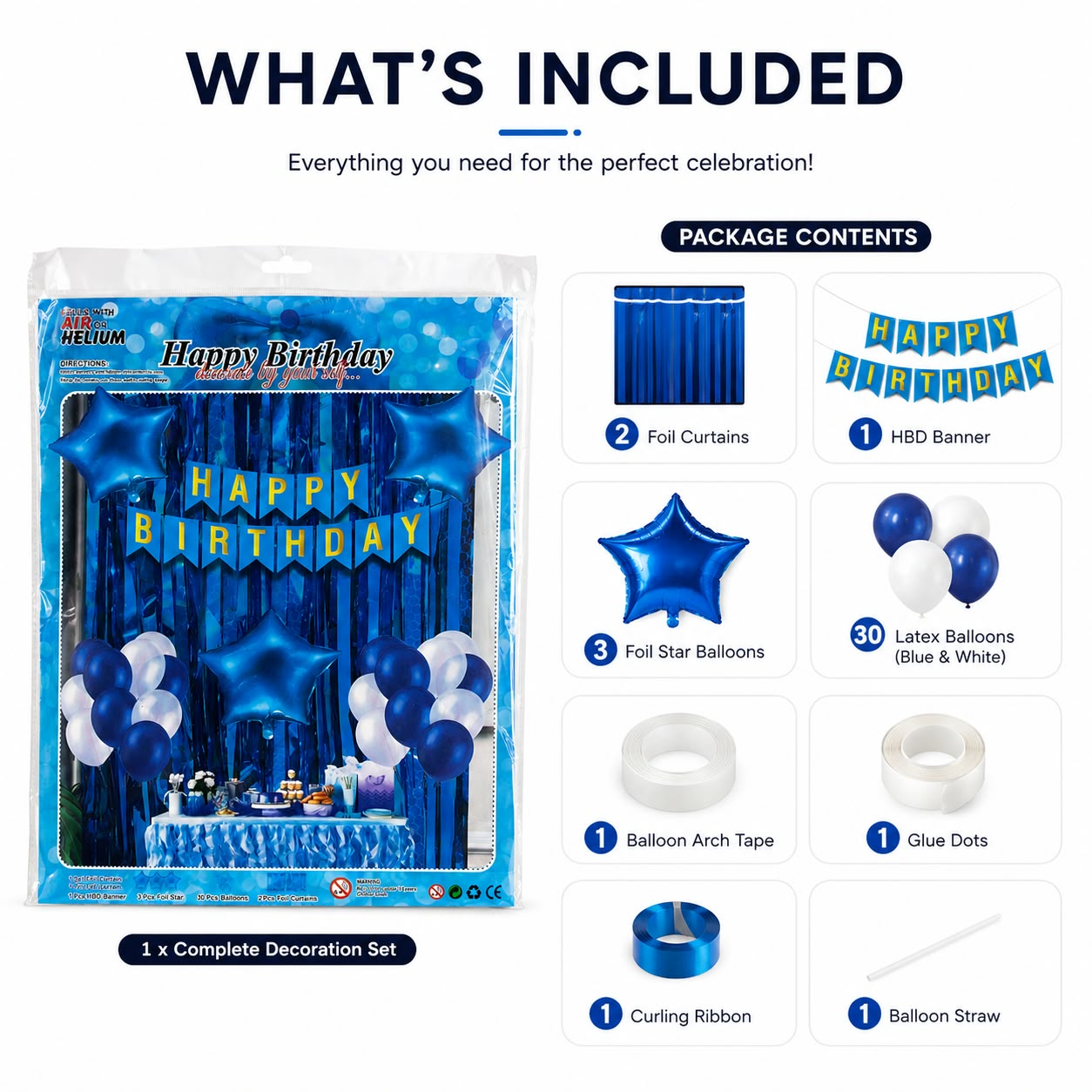 Blue & White Happy Birthday Decoration Combo Kit – Balloon & Backdrop Set  💰 Pricing