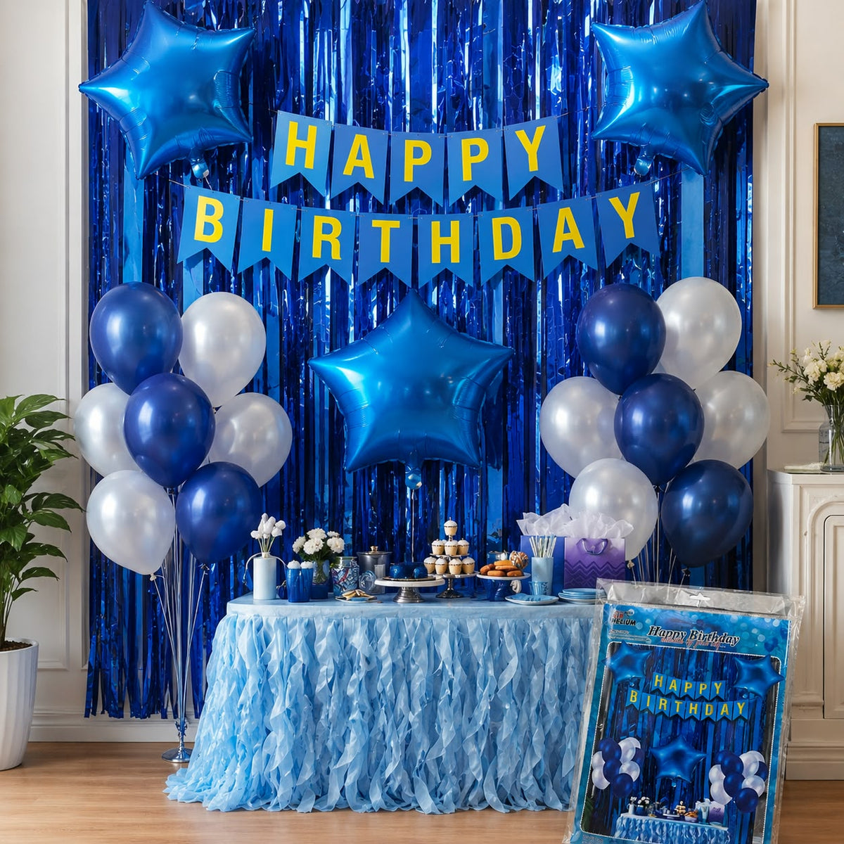 Blue & White Happy Birthday Decoration Combo Kit – Balloon & Backdrop Set  💰 Pricing