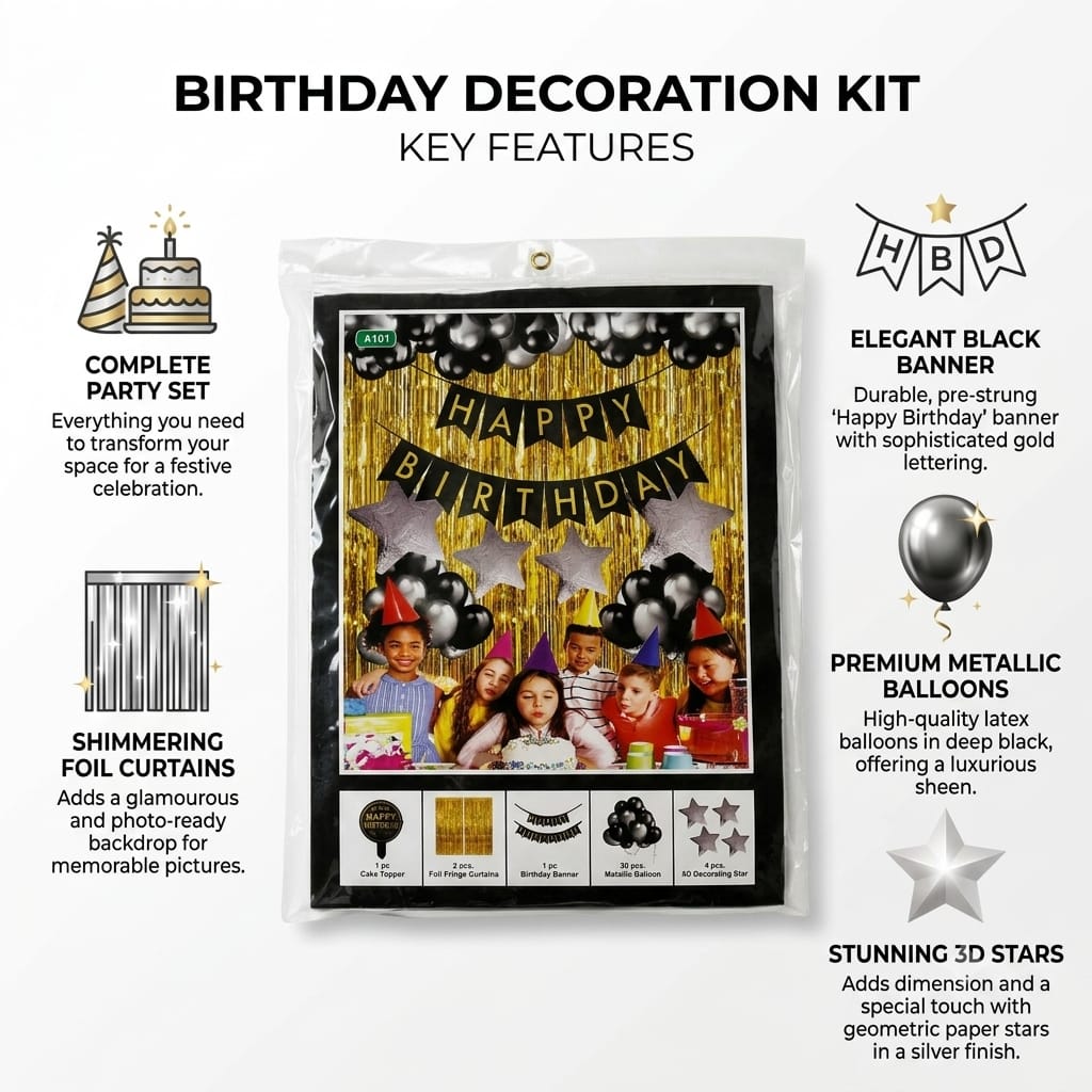 Black & Gold Birthday Decoration Kit – Balloon & Happy Birthday Decoration Set