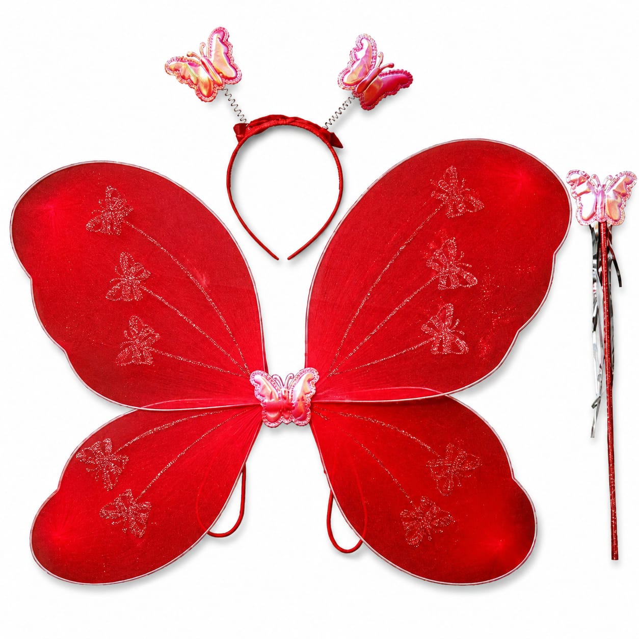 Red Butterfly Wings with Headband & Wand – Fairy Fancy Dress Costume Set