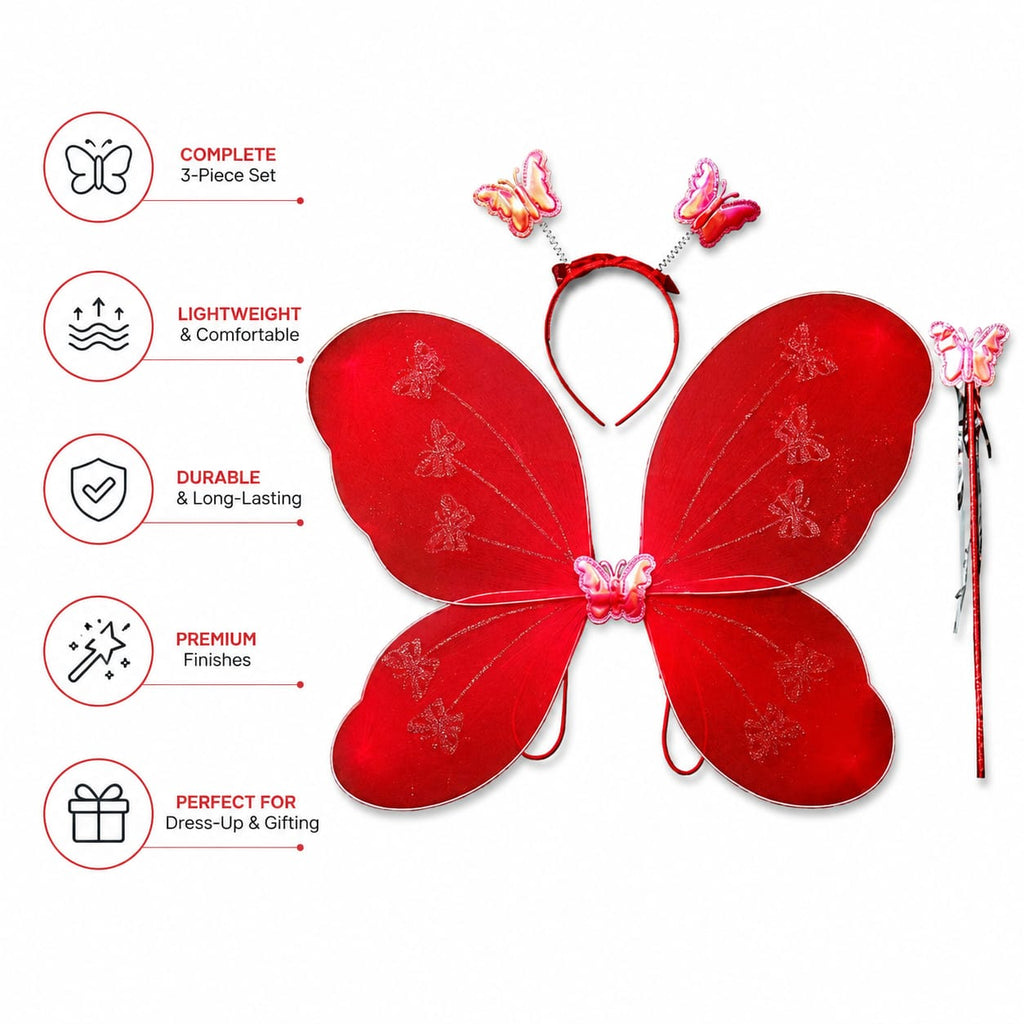 Red Butterfly Wings with Headband & Wand – Fairy Fancy Dress Costume Set