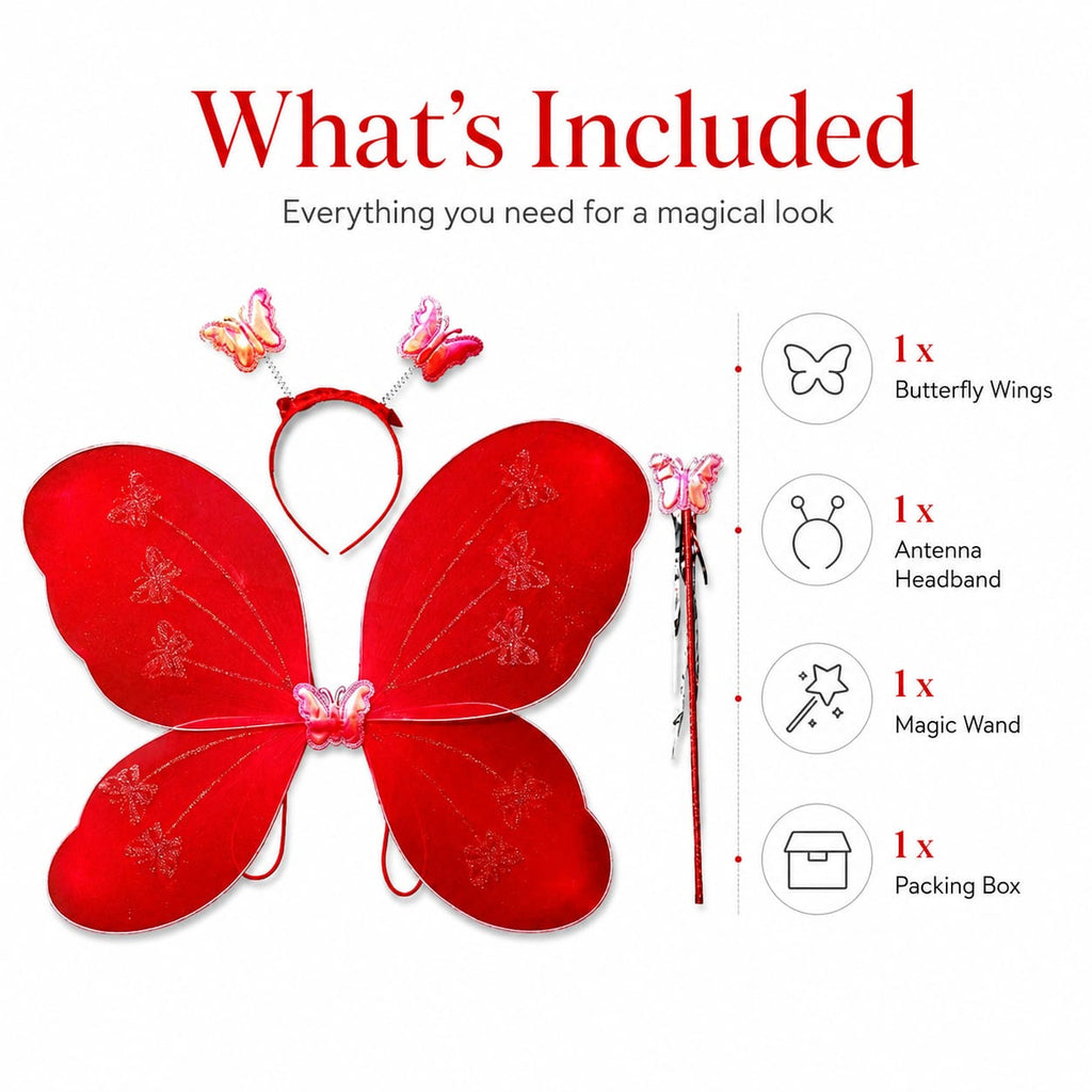 Red Butterfly Wings with Headband & Wand – Fairy Fancy Dress Costume Set