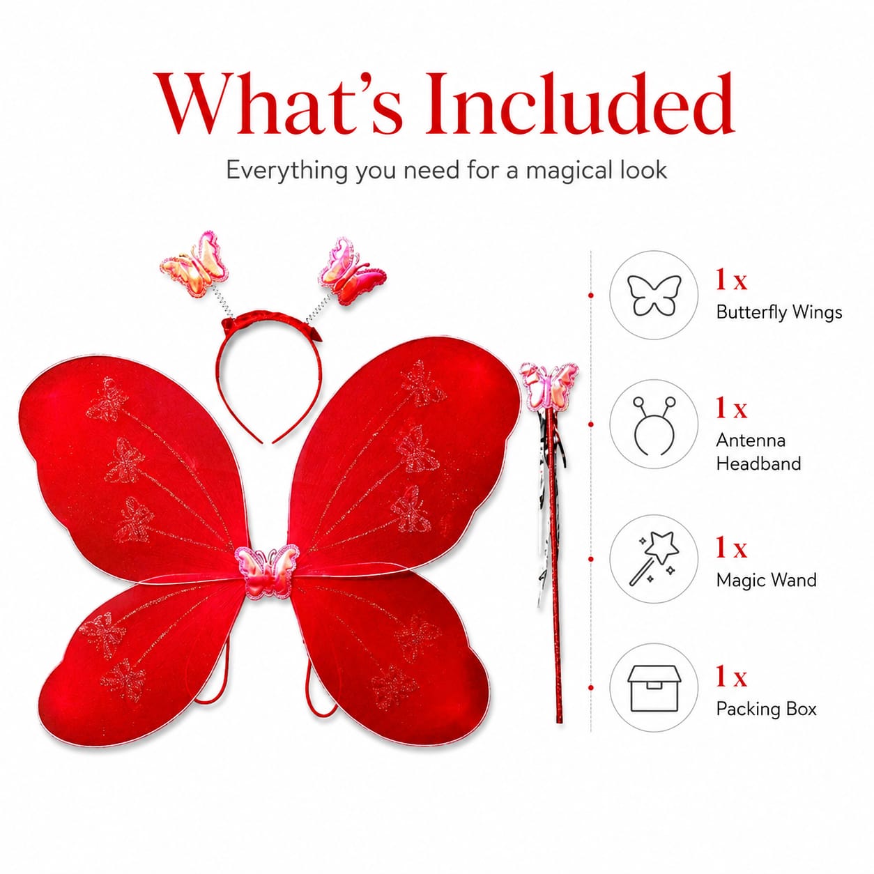 Red Butterfly Wings with Headband & Wand – Fairy Fancy Dress Costume Set