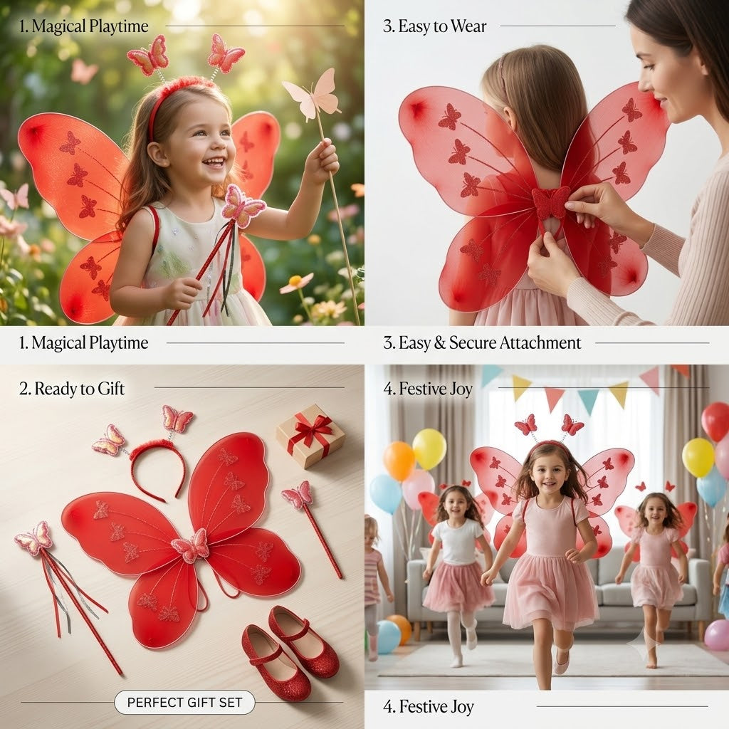 Red Butterfly Wings with Headband & Wand – Fairy Fancy Dress Costume Set