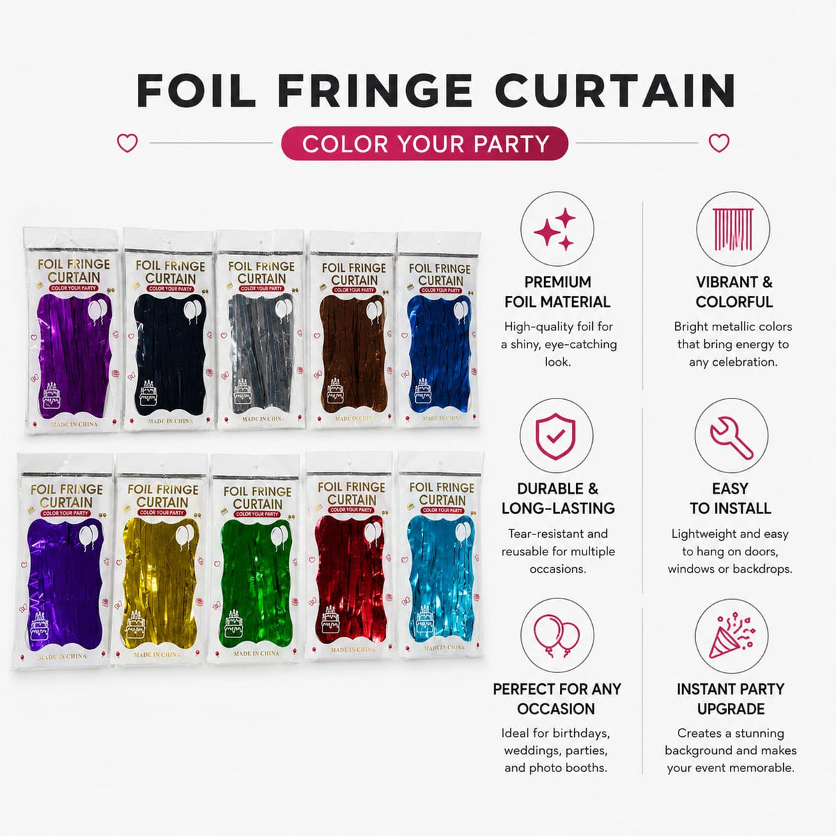 Foil Fringe Curtain – Metallic Party Backdrop Decoration | Multiple Colors