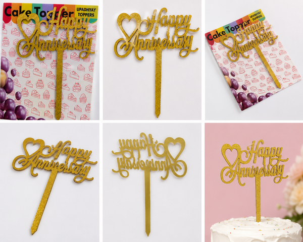 Happy Anniversary Gold Glitter Cake Topper.